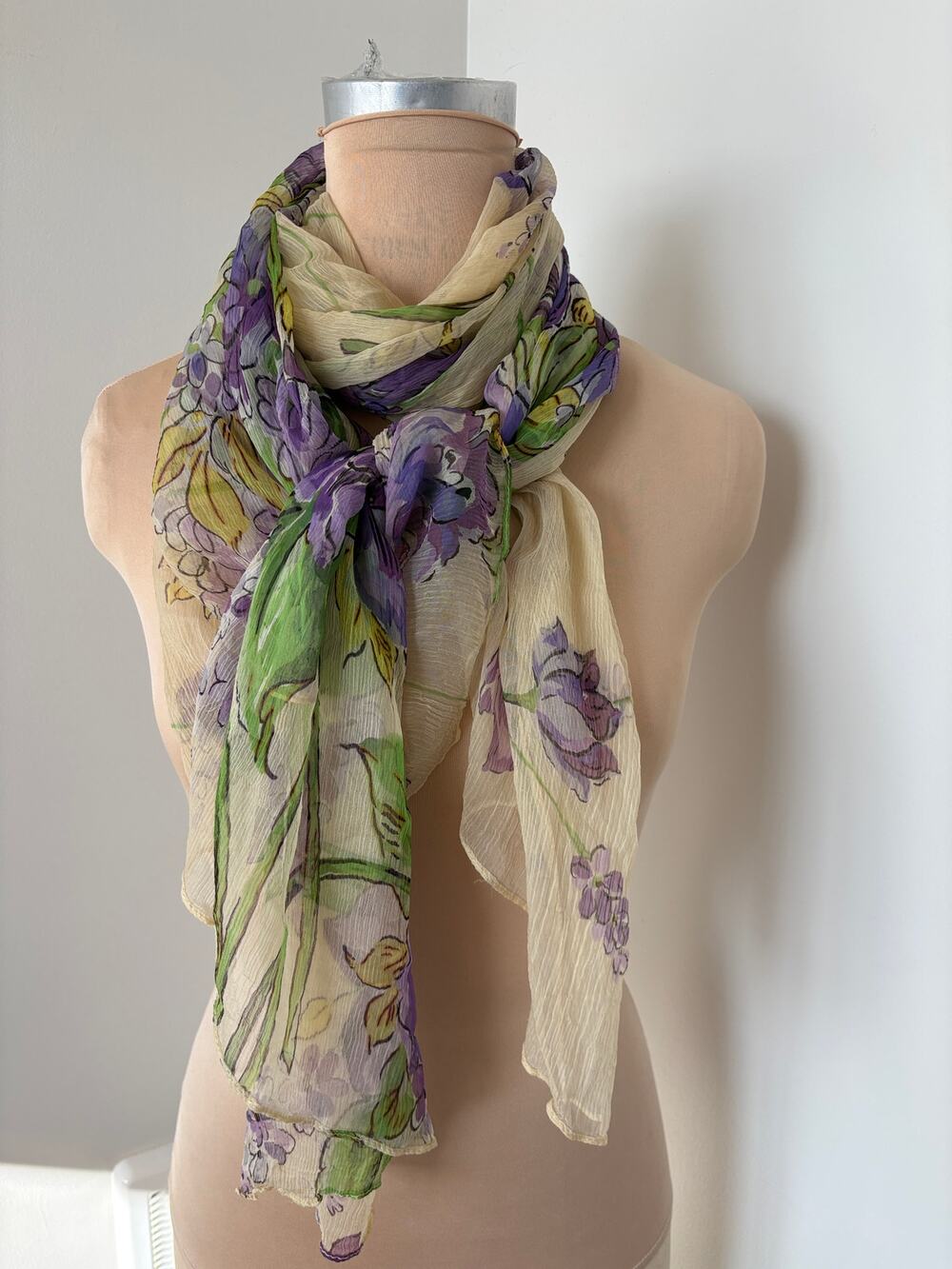 Sheer Chiffon Purple Watercolor Iris Shawl Scarf Romantic Butter Yellow Floral
